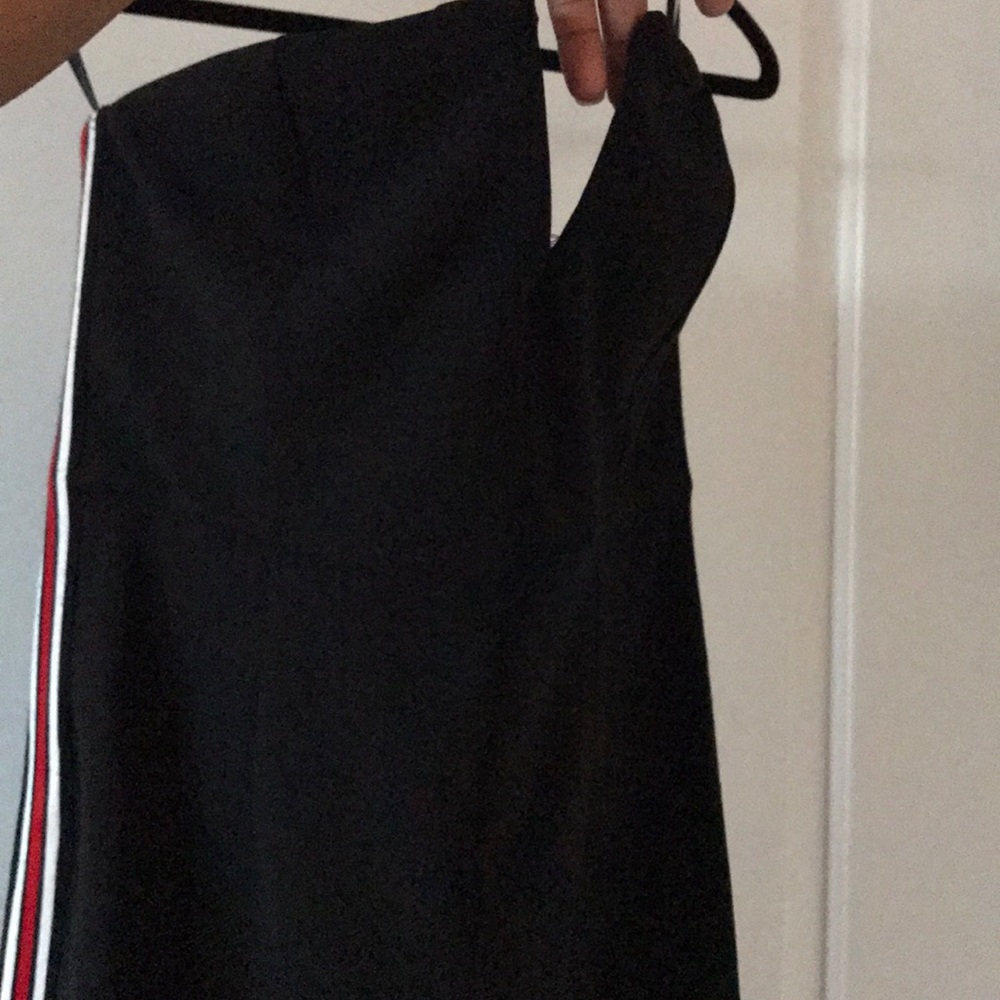 Black mini dress with red/white stripes